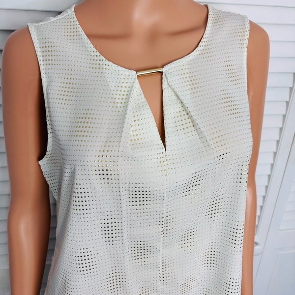 CALVIN KLEIN Off White Gold Studded Sleeveless V-Neck Blouse Size Medium - Picture 2 of 8